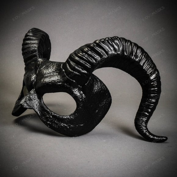 Black Demon Devil with Back Twisted Ram Horns Masquerade Cosplay Party Eye Mask - Picture 2 of 6